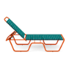 Side view of Sundance ADA accessible stackable vinyl strap chaise lounge with Orange Burst frame, teal vinyl straps, and adjustable back