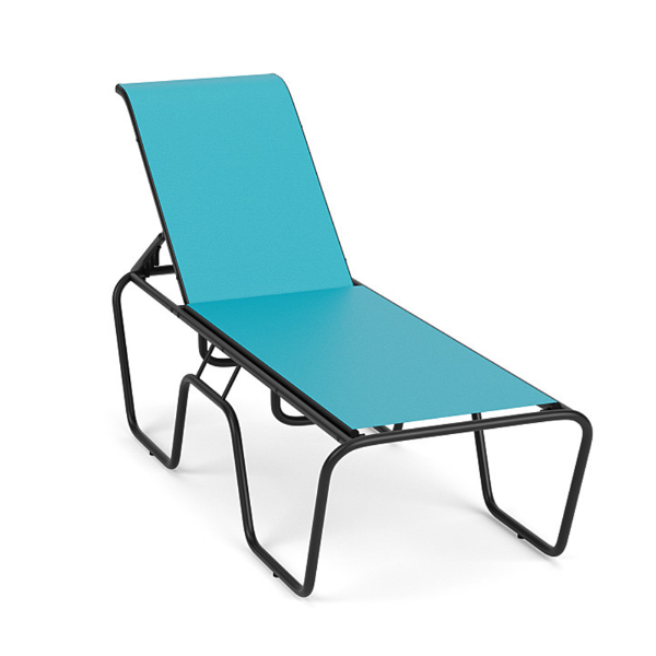 Sundance stackable ADA accessible sling chaise lounge with Starlight Black aluminum frame, Aruba turquoise sling fabric, and adjustable back