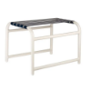 Sundance vinyl strap commercial patio ottoman with white aluminum frame and navy blue vinyl straps
