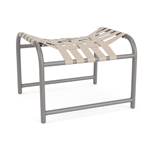 Sundance cross-weave commercial patio ottoman with Platinum aluminum frame and Off White woven vinyl straps