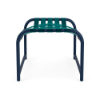 Front view of Sundance cross-weave commercial patio ottoman with Deep Blue Metallic aluminum frame and Teal woven vinyl straps