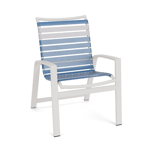 Skyline vinyl strap commercial patio dining chair with white aluminum frame and Sky Blue vinyl strap seat and back