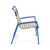 Side view of Skyline vinyl strap commercial patio dining chair with Marina blue aluminum frame and Off White vinyl straps