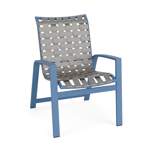 Skyline cross weave commercial patio dining chair with Steel Blue aluminum frame and gray woven vinyl strap seat and back