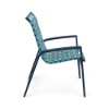 Side view of Skyline cross weave commercial patio dining chair with Deep Blue Metallic aluminum frame and turquoise woven vinyl straps
