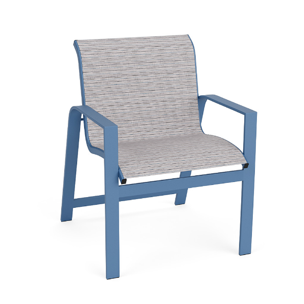 Skyline sling commercial patio dining chair with Steel Blue aluminum frame and Broadway patterned sling fabric