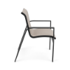 Side view of Skyline sling commercial patio dining chair with Starlight Black aluminum frame and Cane Oyster sling fabric