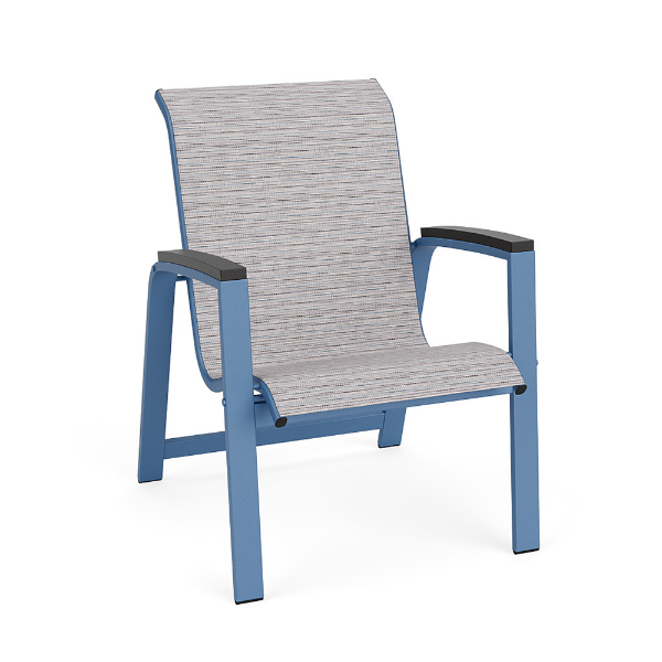 Skyline sling commercial patio dining chair with MGP arms, Steel Blue aluminum frame, dark armrests, and Broadway patterned sling fabric
