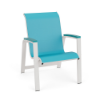 Skyline sling commercial patio dining chair with MGP arms, Sky White aluminum frame, Aruba turquoise sling fabric, and matching armrests