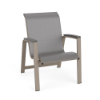 Skyline sling commercial patio dining chair with MGP arms, Satin Amber aluminum frame, gray armrests, and Metallica Platinum sling fabric