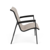 Side view of Skyline sling commercial patio dining chair with MGP arms, Starlight Black aluminum frame, and Cane Oyster sling fabric
