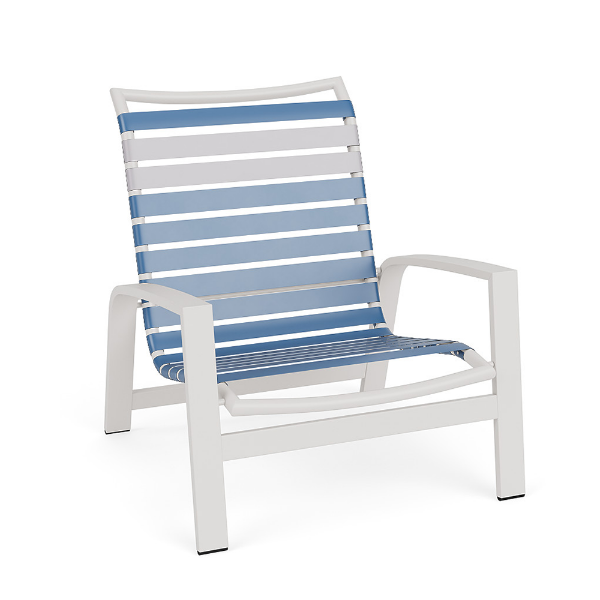 Skyline stackable vinyl strap commercial patio sand chair with white aluminum frame and alternating Sky Blue, gray, and white vinyl straps