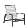 Skyline stackable vinyl strap commercial patio sand chair with dark aluminum frame and white horizontal vinyl straps