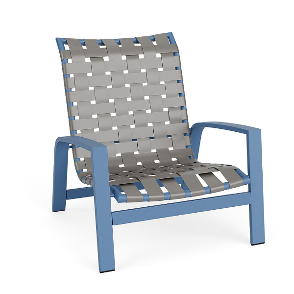 Skyline stackable cross-weave commercial patio sand chair with Steel Blue aluminum frame and gray woven vinyl straps