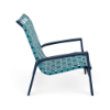 Side view of Skyline stackable cross-weave commercial patio sand chair with Deep Blue Metallic aluminum frame and turquoise woven vinyl straps