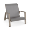 Side view of Skyline stackable sling commercial patio sand chair with Starlight Black aluminum frame and Cane Oyster sling seat and back
