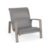 Skyline stackable padded sling commercial patio sand chair with Satin Amber aluminum frame and Metallica Platinum gray padded sling seat and back