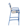 Side view of Skyline vinyl strap commercial patio bar chair with Marina aluminum frame and Off White and Royal Blue vinyl straps