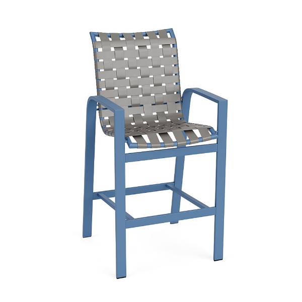 Skyline cross-weave commercial patio bar chair with Steel Blue aluminum frame and gray woven vinyl strap seat and back
