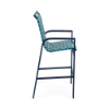 Side view of Skyline cross-weave commercial patio bar chair with Deep Blue Metallic aluminum frame and turquoise woven vinyl straps