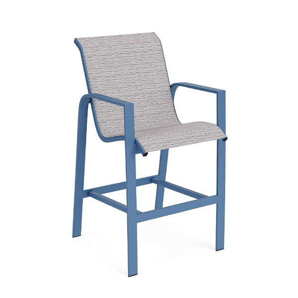 Skyline sling commercial patio bar chair with Steel Blue aluminum frame and Broadway striped sling seat and back