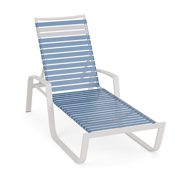 Skyline vinyl strap commercial poolside chaise lounge with white aluminum frame, Sky Blue vinyl straps, arms, and adjustable back