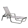 Skyline vinyl strap commercial poolside chaise lounge with dark aluminum frame, gray and white vinyl straps, arms, and adjustable back