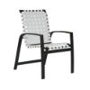 Skyline cross-weave commercial patio dining chair with black aluminum frame, white woven vinyl straps, and curved armrests