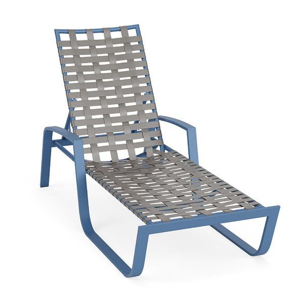 Skyline cross-weave commercial poolside chaise lounge with Steel Blue aluminum frame, gray woven vinyl straps, arms, and adjustable back