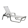 Skyline cross-weave commercial poolside chaise lounge with black aluminum frame, white woven vinyl straps, arms, and adjustable reclining back