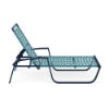 Side view of Skyline cross-weave commercial poolside chaise lounge with Deep Blue Metallic frame, turquoise woven vinyl straps, and adjustable back