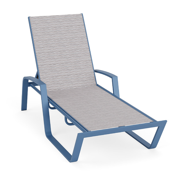 Skyline sling commercial poolside chaise lounge with Steel Blue aluminum frame, Broadway patterned sling fabric, arms, and adjustable back