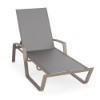 Skyline sling commercial poolside chaise lounge with Satin Amber aluminum frame, Metallica Platinum sling fabric, arms, and adjustable back