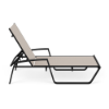 Side view of Skyline sling commercial poolside chaise lounge with Starlight Black aluminum frame, Cane Oyster sling fabric, arms, and adjustable back