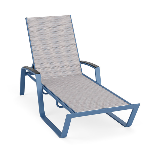 Skyline sling commercial poolside chaise lounge with MGP arms, Steel Blue aluminum frame, Broadway patterned sling fabric, and adjustable back