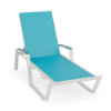 Skyline sling commercial poolside chaise lounge with MGP arms, Sky White aluminum frame, Aruba turquoise sling fabric, and adjustable back