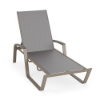 Skyline sling commercial poolside chaise lounge with MGP arms, Satin Amber aluminum frame, Metallica Platinum sling fabric, and adjustable back