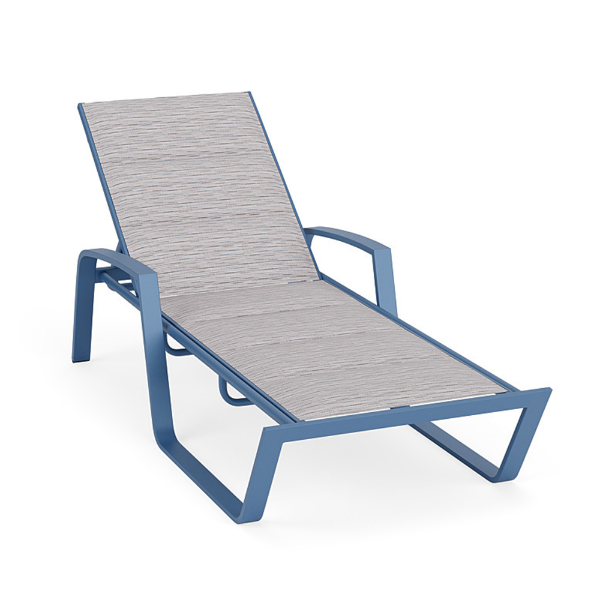 Skyline padded sling commercial poolside chaise lounge with Steel Blue aluminum frame, Broadway patterned padded sling, and adjustable back