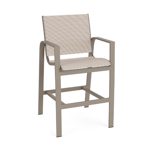 Metro sling commercial patio bar chair with Satin Amber aluminum frame, Cane Oyster sling seat and back, armrests, and footrest