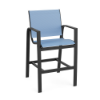 Metro sling commercial patio bar chair with Starlight Black aluminum frame, Poolside blue sling seat and back, armrests, and footrest