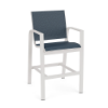 Metro sling commercial patio bar chair with Sky White aluminum frame, Streamline Azure sling seat and back, armrests, and footrest