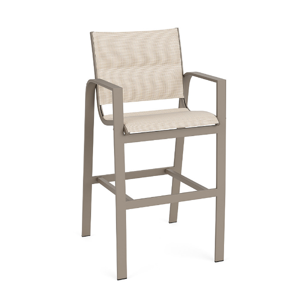 Metro padded sling commercial patio bar chair with Satin Amber aluminum frame, Cane Oyster padded sling seat and back, armrests, and footrest