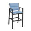 Metro padded sling commercial patio bar chair with Starlight Black aluminum frame, Poolside blue padded sling seat and back, armrests, and footrest