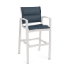 Metro padded sling commercial patio bar chair with Sky White aluminum frame, Streamline Azure padded sling seat and back, armrests, and footrest