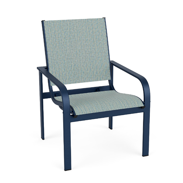 Arc sling commercial patio dining chair with Deep Blue Metallic aluminum frame, Nova Seaglass sling seat and back, and curved armrests