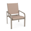 Arc sling commercial patio dining chair with Satin Amber aluminum frame, Charm Tango sling seat and back, and curved armrests