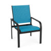Arc sling commercial patio dining chair with Textured Charcoal aluminum frame, Braque Blue sling seat and back, and curved armrests