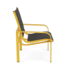 Side view of Arc sling commercial patio dining chair with Yellow aluminum frame, Metallica Smoke sling seat and back, and curved armrests