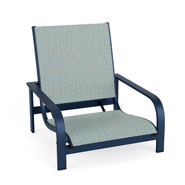 Arc sling commercial patio sand chair with Deep Blue Metallic aluminum frame, Nova Seaglass sling seat and back, and curved armrests