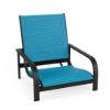Arc sling commercial patio sand chair with Textured Charcoal aluminum frame, Braque Blue sling seat and back, and low-profile design